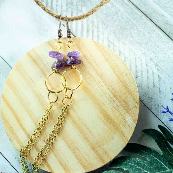 Amethyst Chip Earrings with 14k Gold Dangle Chain and Gold Hoop Drop - Picture 9 of 15
